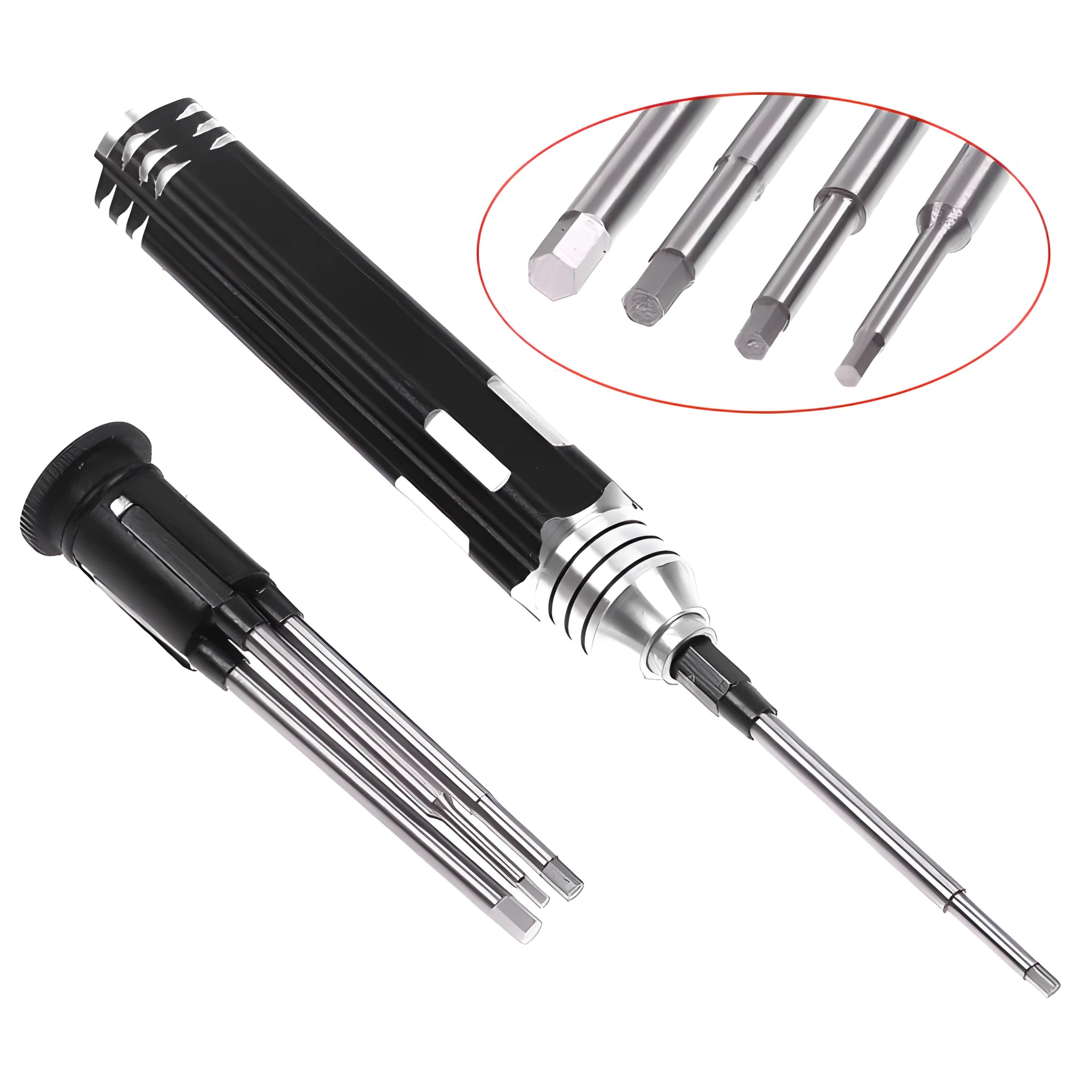 Black four-in-one hexagon socket screwdriver set for aeromodelling with four different sized bits.