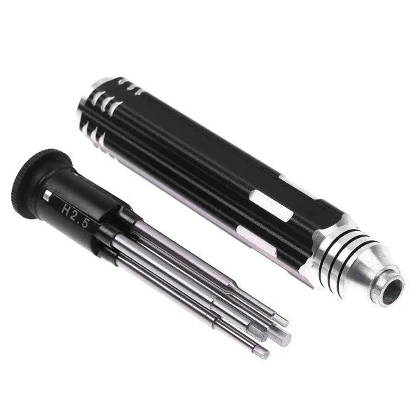 Black four-in-one hexagon socket screwdriver set for aeromodelling with four different sized bits.