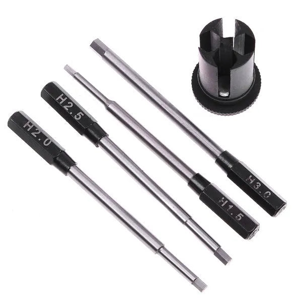 Black four-in-one hexagon socket screwdriver set for aeromodelling with four different sized bits.
