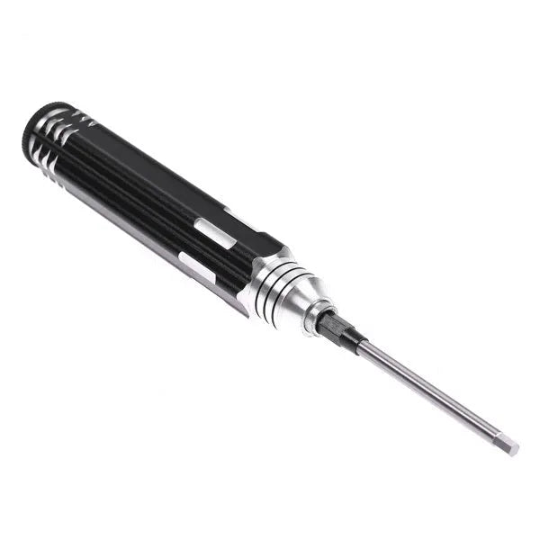 Black four-in-one hexagon socket screwdriver set for aeromodelling with four different sized bits.