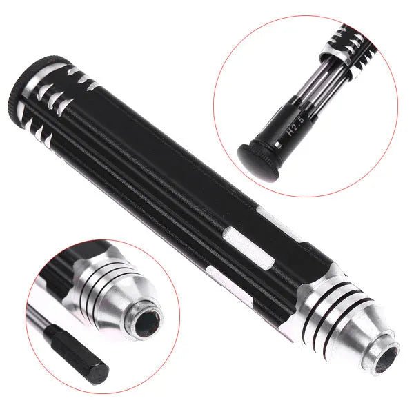 Black four-in-one hexagon socket screwdriver set for aeromodelling with four different sized bits.