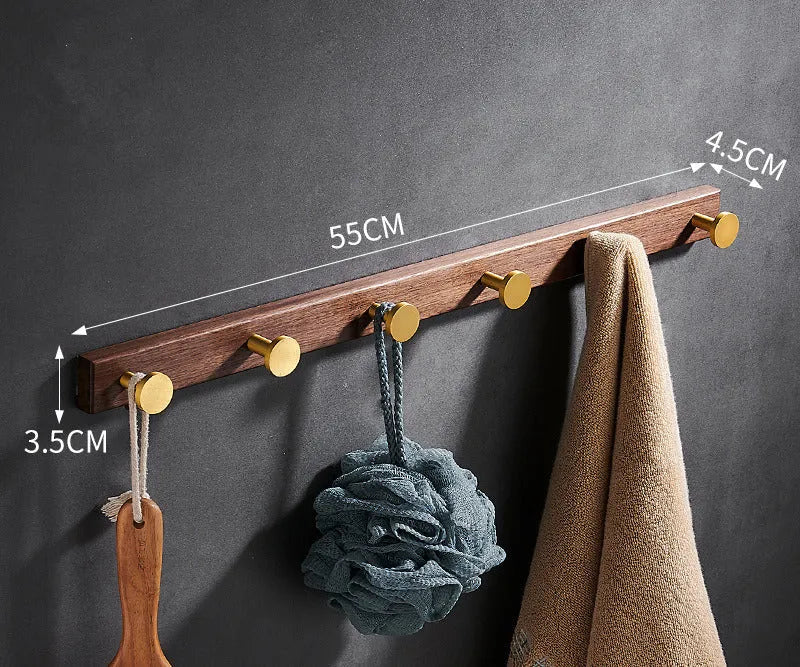Black walnut style aluminum clothes hooks with brass finish in a row, showing 3, 4, 5, and 6-hook style options.