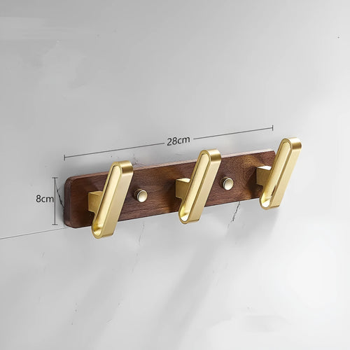 Black walnut style aluminum clothes hooks with brass finish in a row, showing 3, 4, 5, and 6-hook style options.
