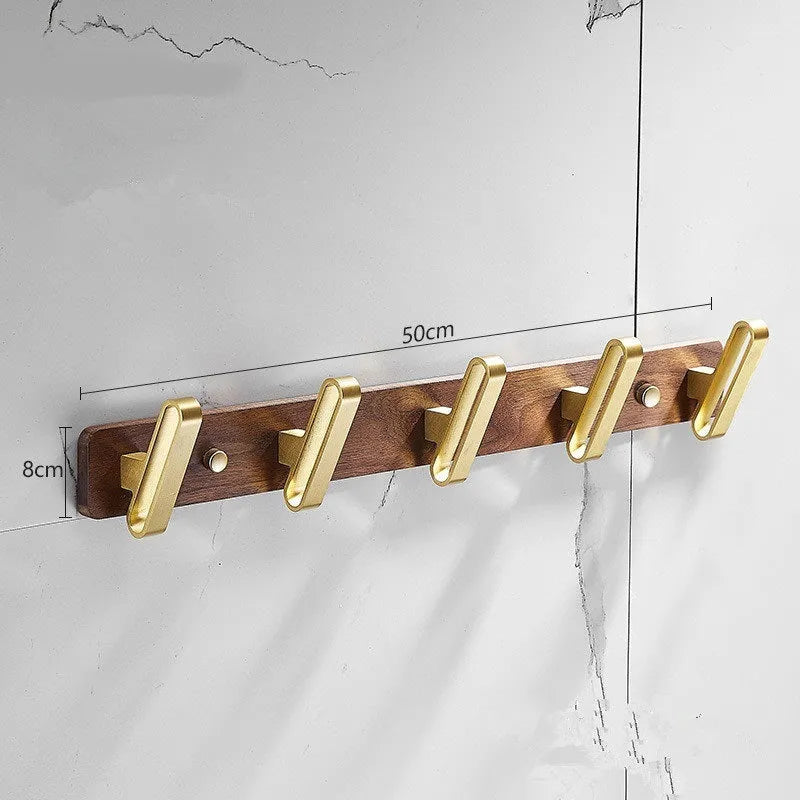 Black walnut style aluminum clothes hooks with brass finish in a row, showing 3, 4, 5, and 6-hook style options.