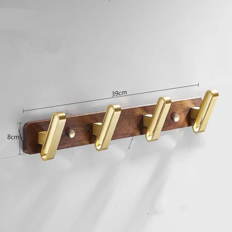 Black walnut style aluminum clothes hooks with brass finish in a row, showing 3, 4, 5, and 6-hook style options.