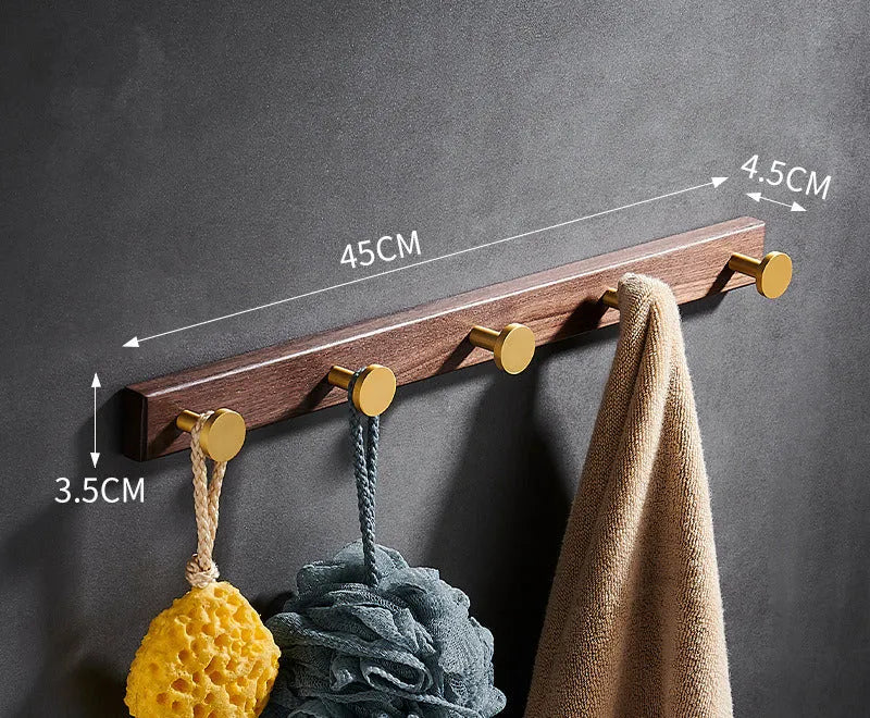 Black walnut style aluminum clothes hooks with brass finish in a row, showing 3, 4, 5, and 6-hook style options.