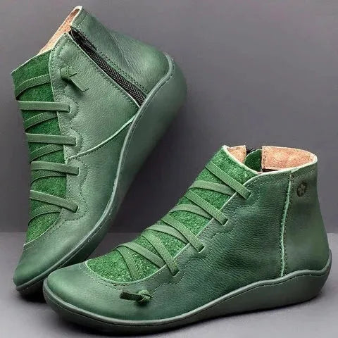 Women's casual round-toe ankle boots with a wedge heel in artificial PU, shown in multiple colour options.