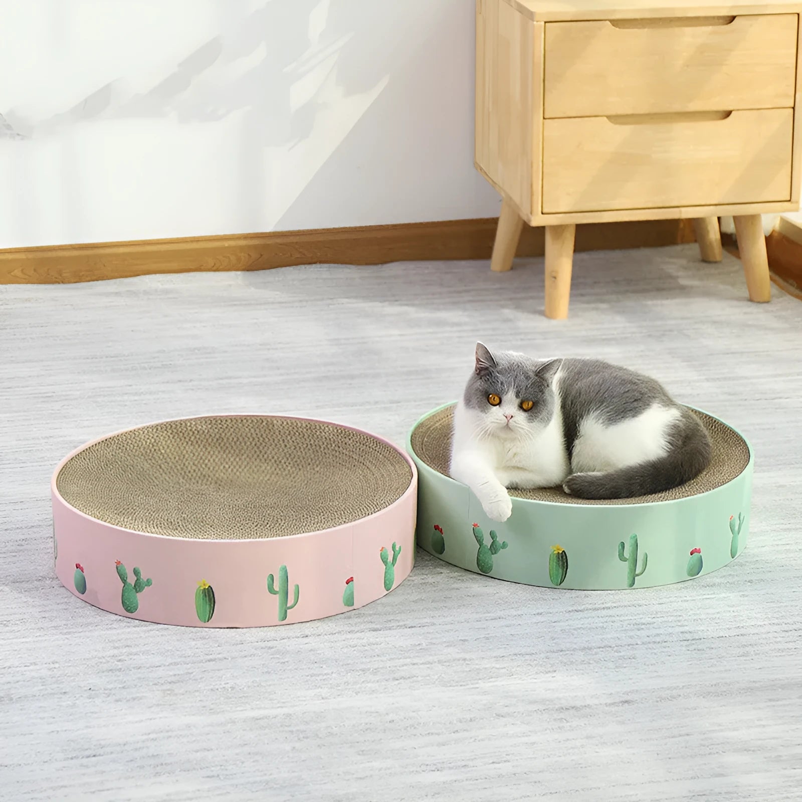 Green round corrugated paper cat scratching pad and bed for medium cats, 36x36x8cm