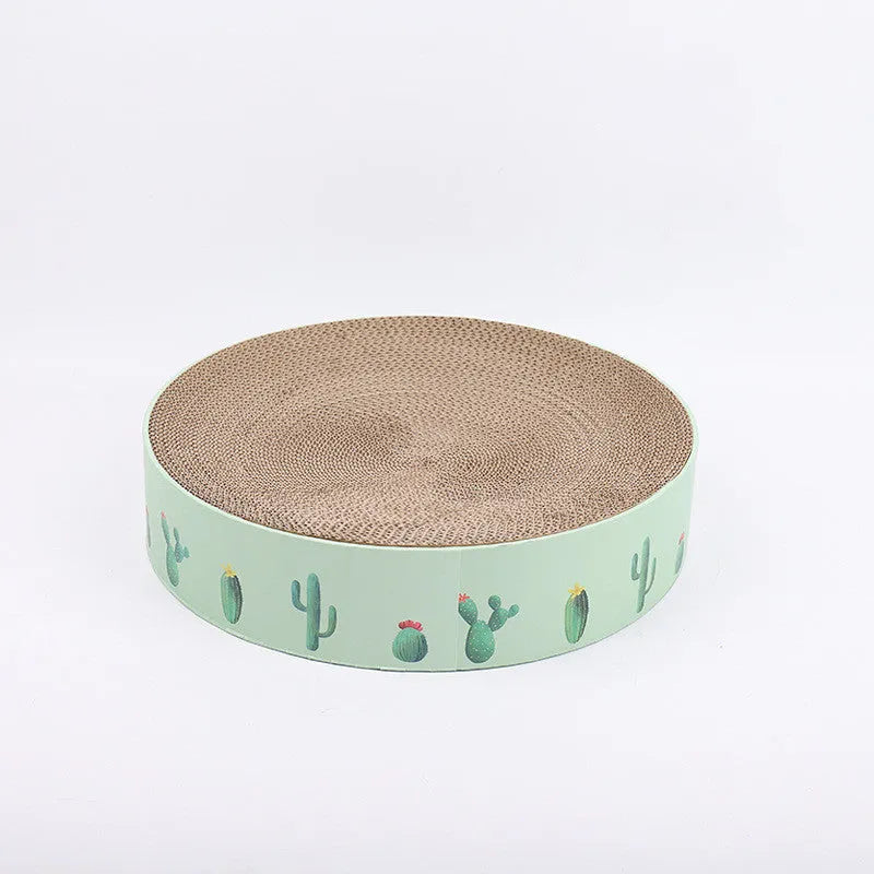 Green round corrugated paper cat scratching pad and bed for medium cats, 36x36x8cm