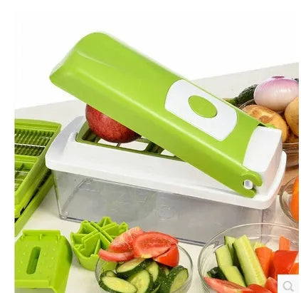 Green 12-piece manual vegetable chopper set with stainless steel blades on a kitchen counter.