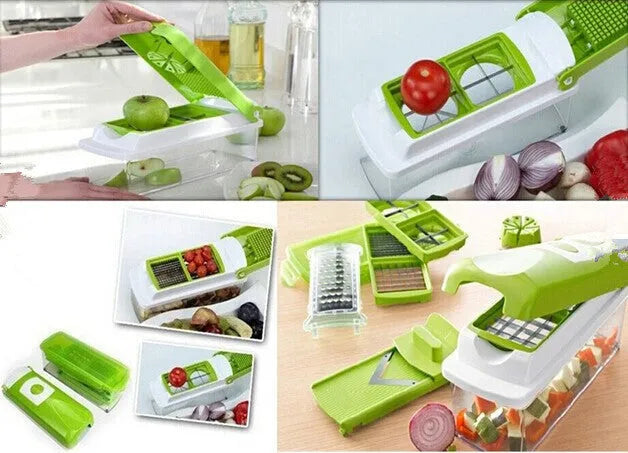 Green 12-piece manual vegetable chopper set with stainless steel blades on a kitchen counter.