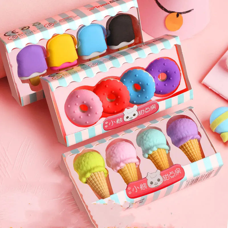 Set of 12 cartoon food erasers including cones, ice creams, lollipops and donuts for kindergarten children