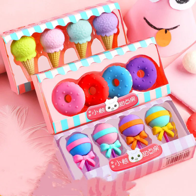 Set of 12 cartoon food erasers including cones, ice creams, lollipops and donuts for kindergarten children