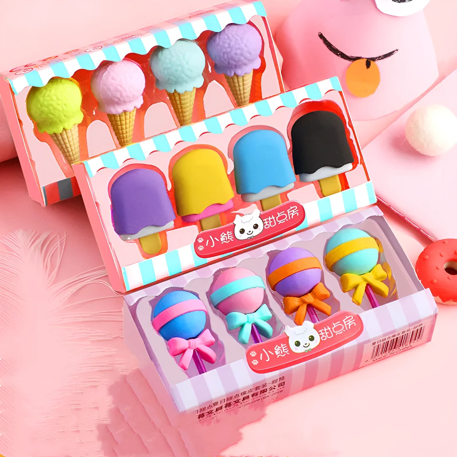 Set of 12 cartoon food erasers including cones, ice creams, lollipops and donuts for kindergarten children