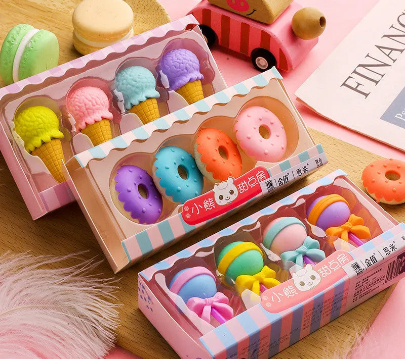 Set of 12 cartoon food erasers including cones, ice creams, lollipops and donuts for kindergarten children