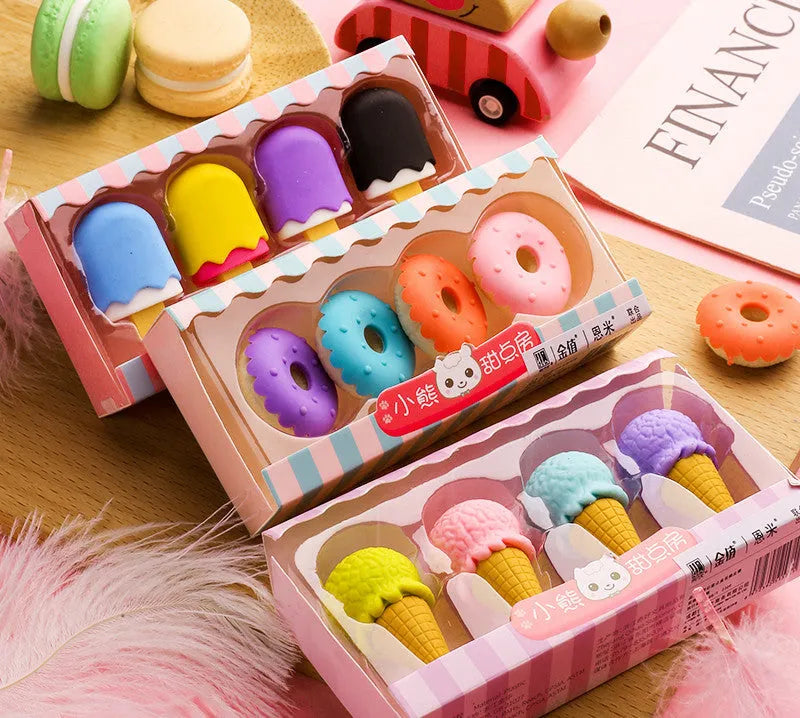 Set of 12 cartoon food erasers including cones, ice creams, lollipops and donuts for kindergarten children