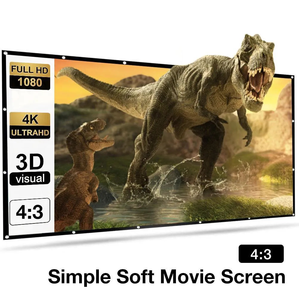 White portable folding projector screen showing 150 inch size and 4:3 format.