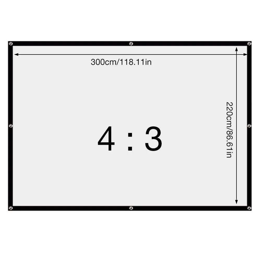 White portable folding projector screen showing 150 inch size and 4:3 format.