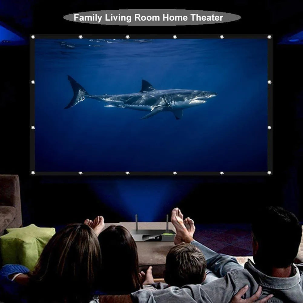 White portable folding projector screen showing 150 inch size and 4:3 format.