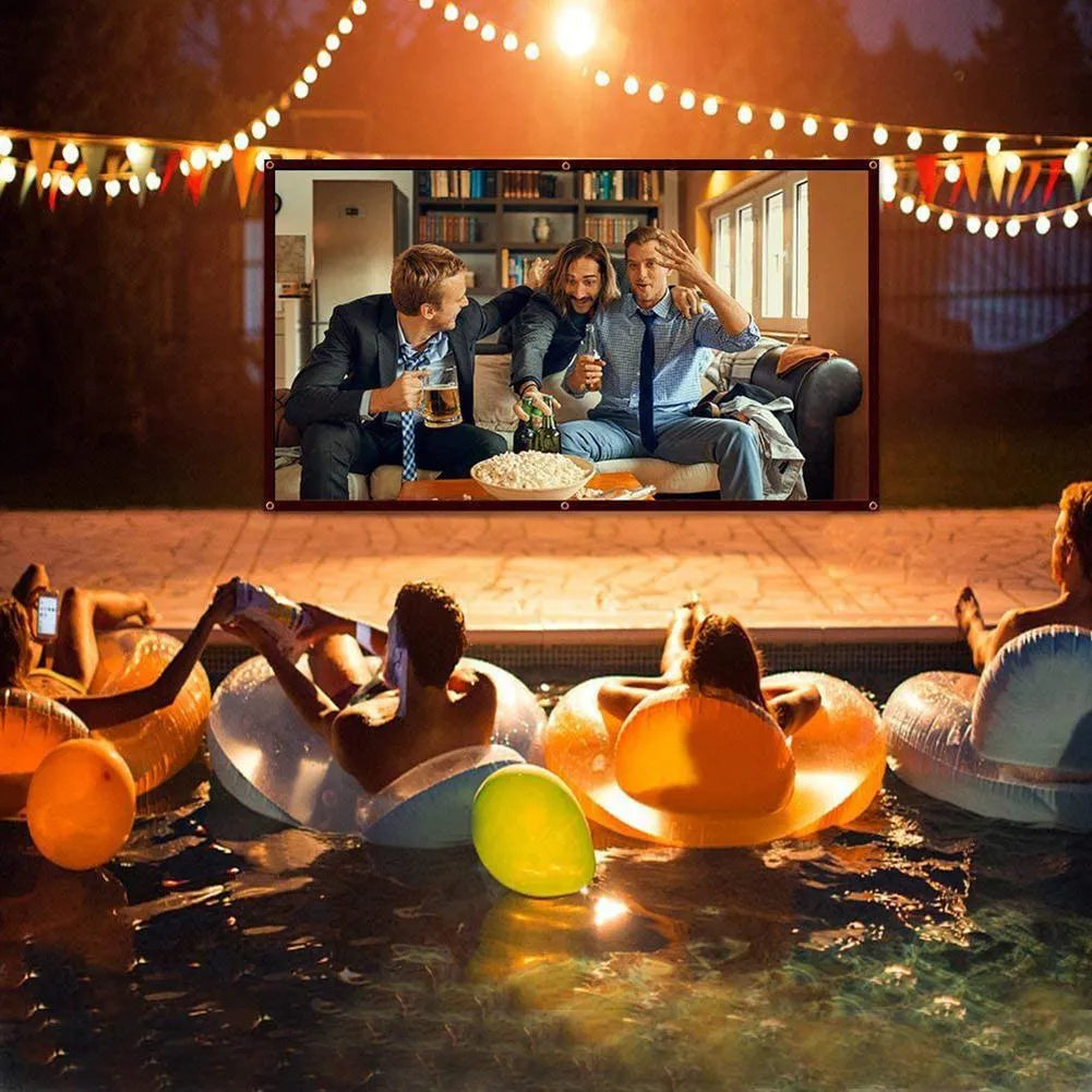 White portable folding projector screen showing 150 inch size and 4:3 format.