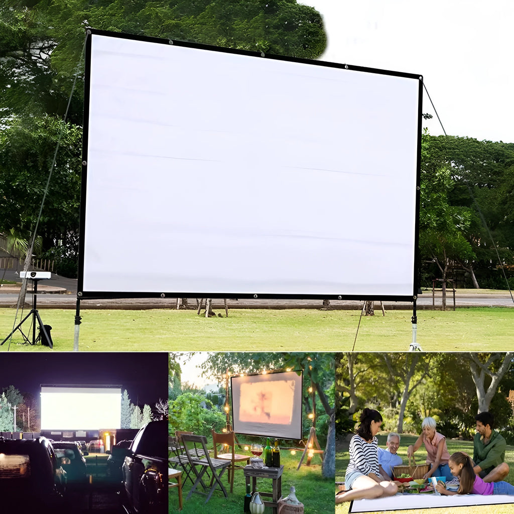 White portable folding projector screen showing 150 inch size and 4:3 format.