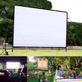White portable folding projector screen showing 150 inch size and 4:3 format.