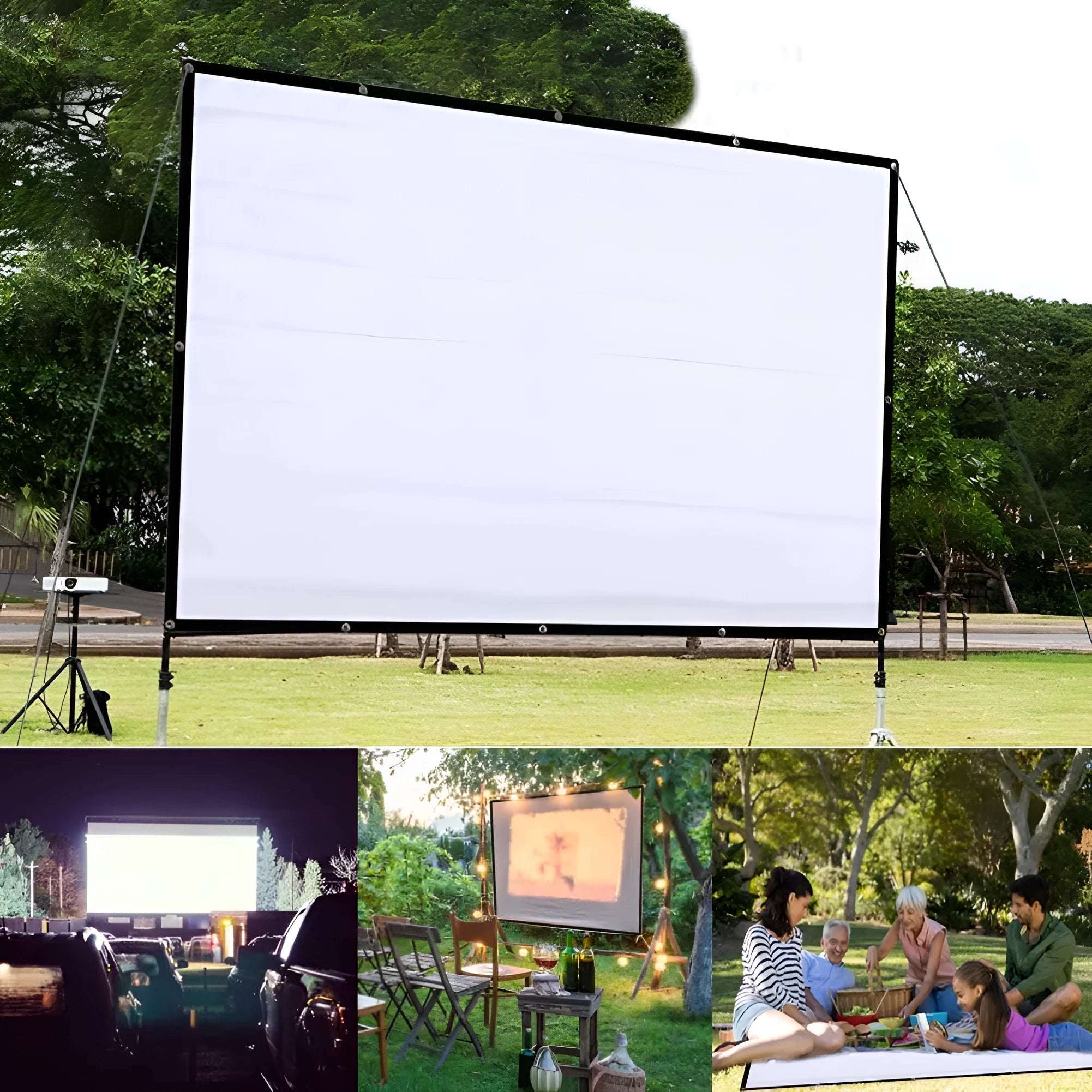 White portable folding projector screen showing 150 inch size and 4:3 format.