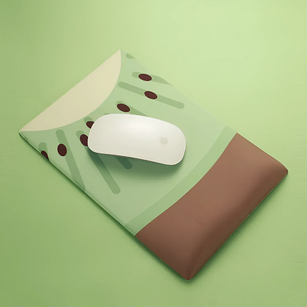Green kiwi-shaped mouse pad with wrist support cushion measuring 270mm by 180mm