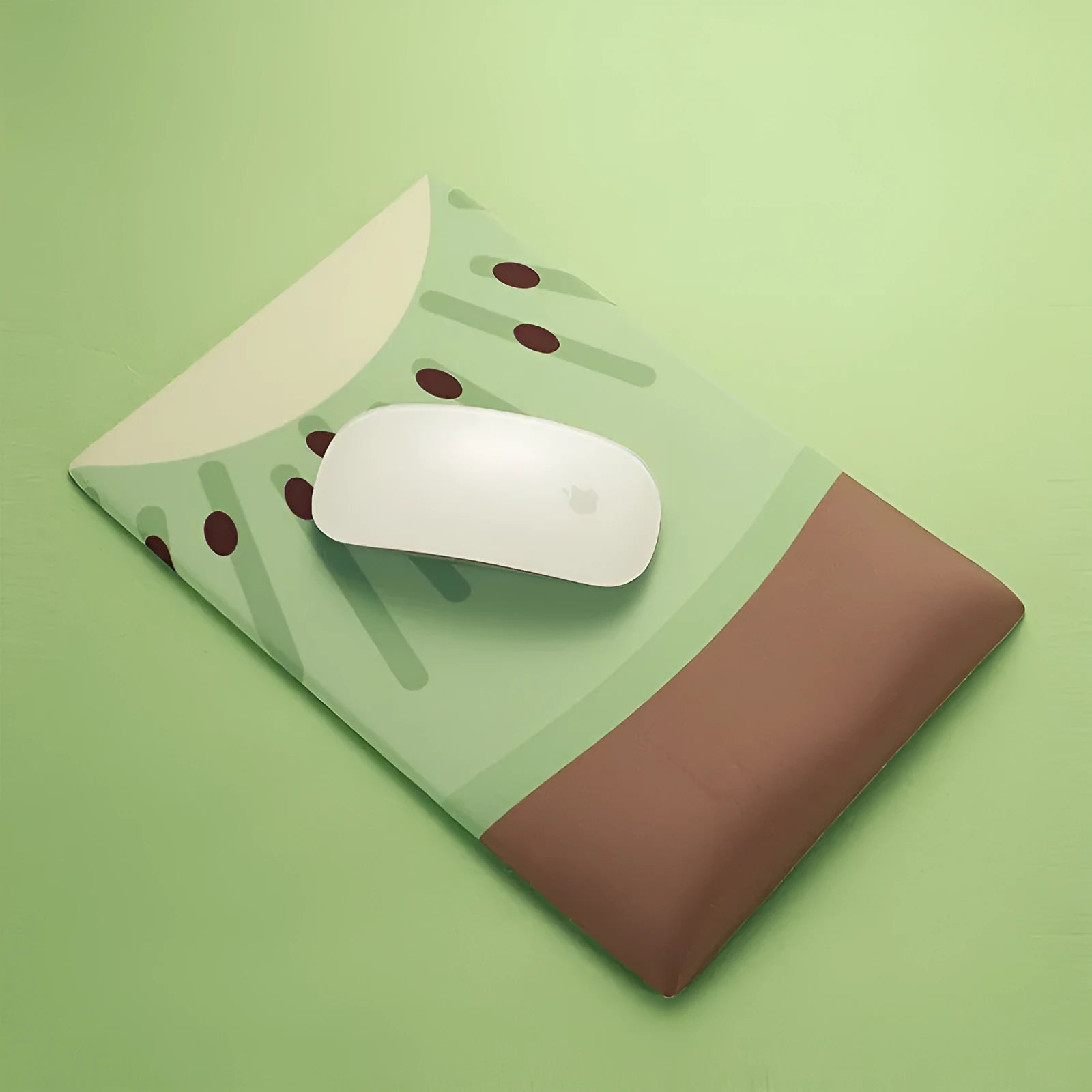 Green kiwi-shaped mouse pad with wrist support cushion measuring 270mm by 180mm