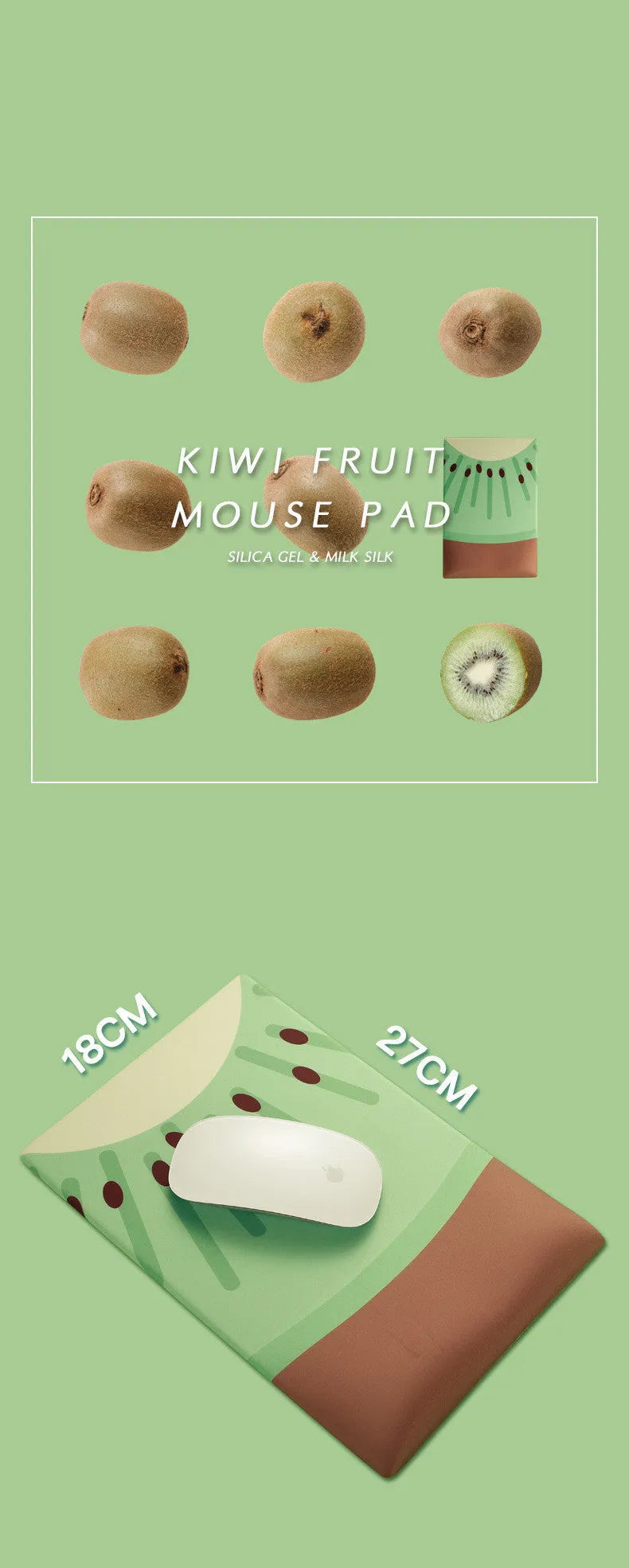 Green kiwi-shaped mouse pad with wrist support cushion measuring 270mm by 180mm