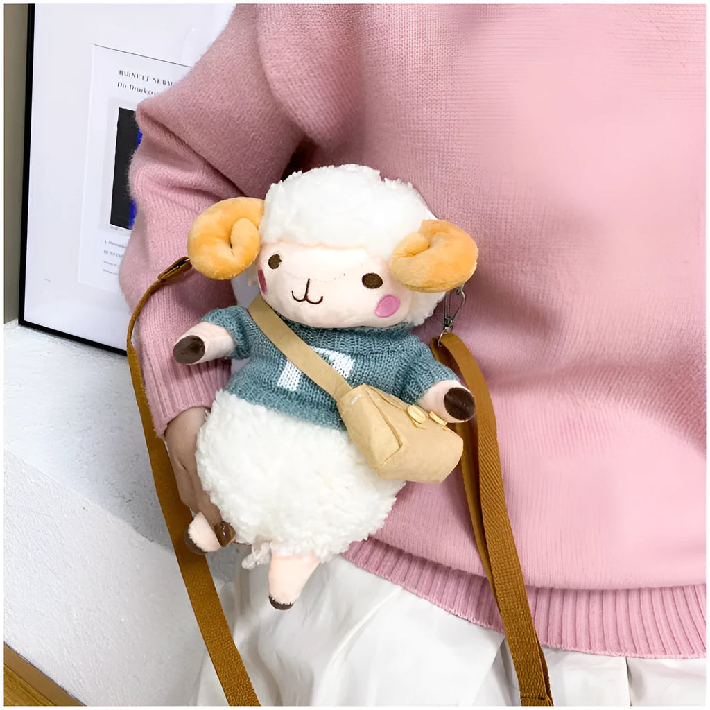 Small square crossbody bag in plush fabric with lamb pattern design and zip closure