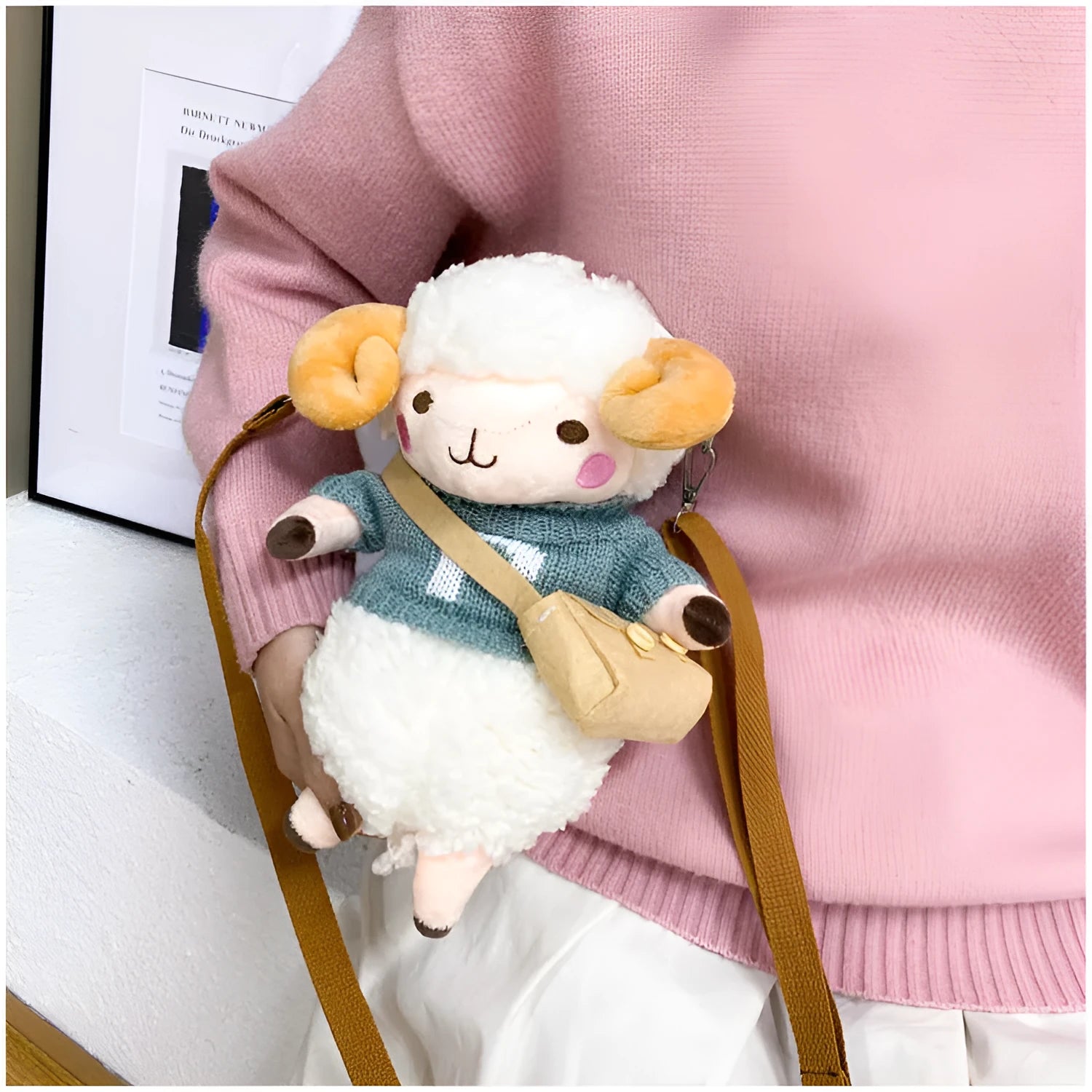 Small square crossbody bag in plush fabric with lamb pattern design and zip closure