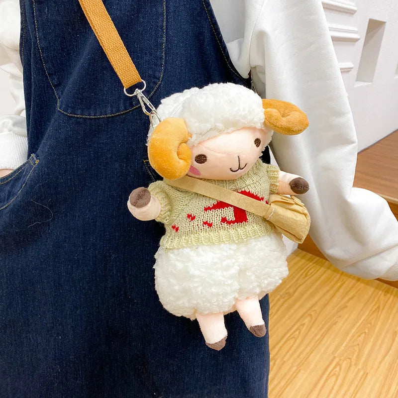 Small square crossbody bag in plush fabric with lamb pattern design and zip closure