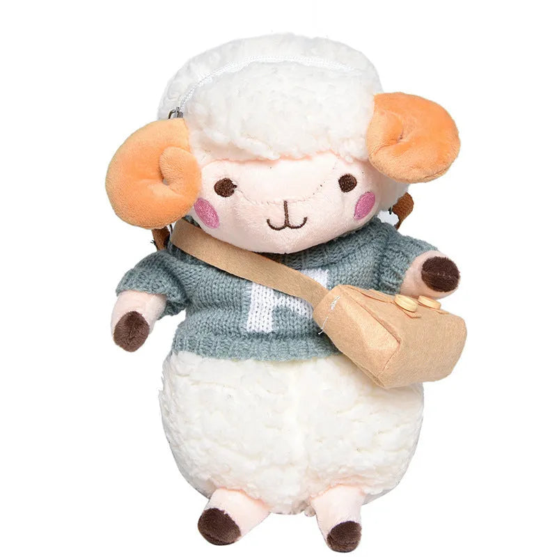 Small square crossbody bag in plush fabric with lamb pattern design and zip closure