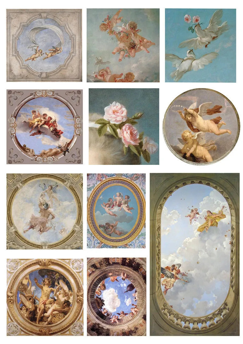 European angel mural craft sticker set showing 11 character sheets with assorted angel designs