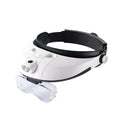 LED headband magnifier with five interchangeable lenses and an adjustable strap on a white background.