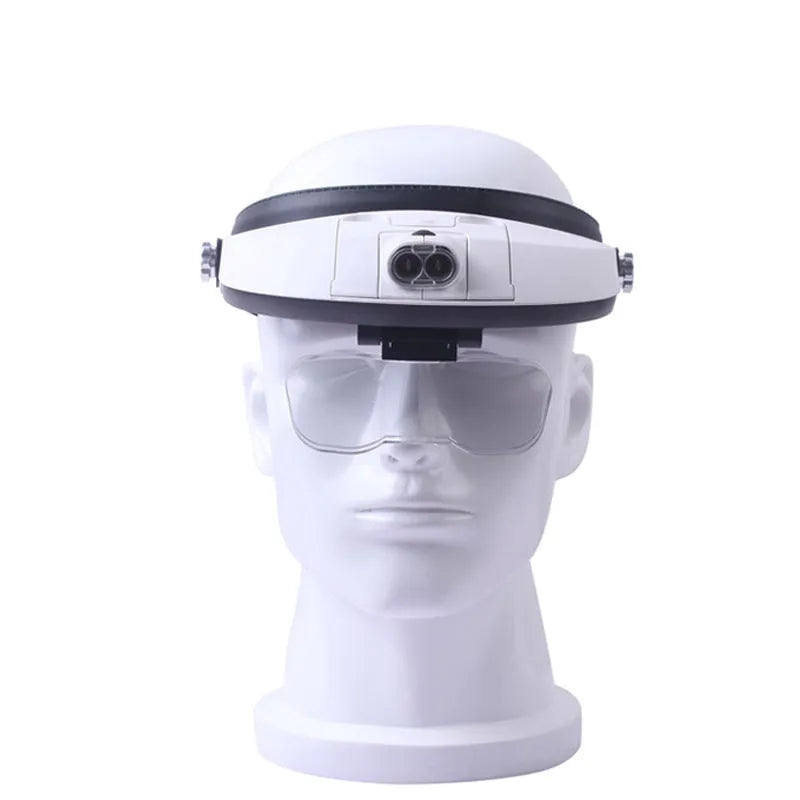 LED headband magnifier with five interchangeable lenses and an adjustable strap on a white background.