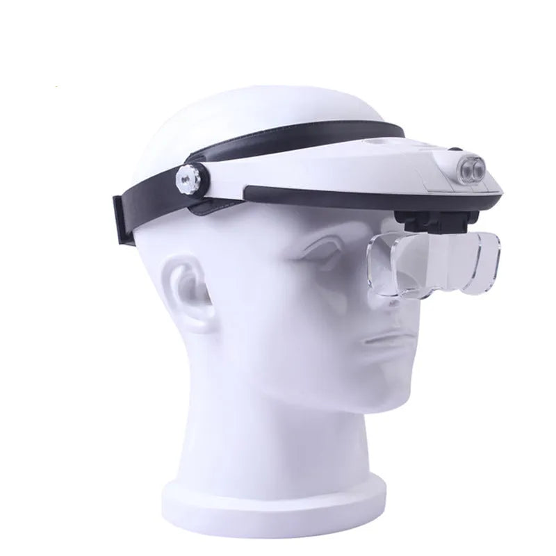 LED headband magnifier with five interchangeable lenses and an adjustable strap on a white background.