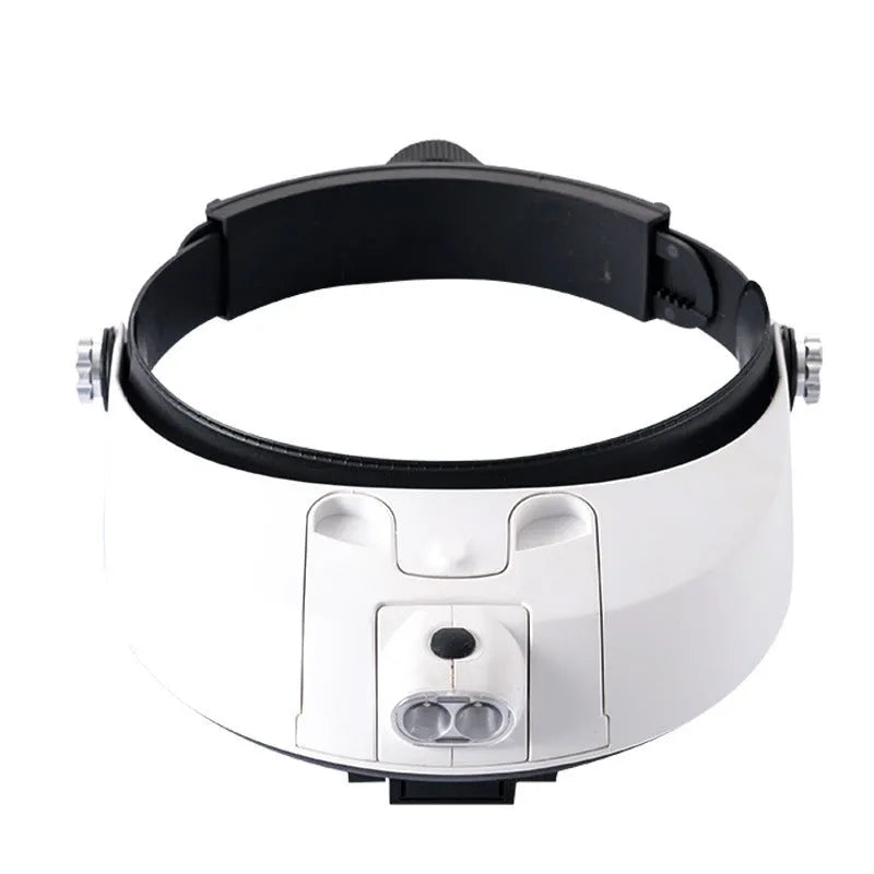 LED headband magnifier with five interchangeable lenses and an adjustable strap on a white background.