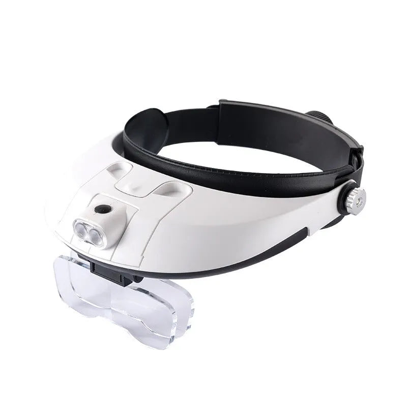 LED headband magnifier with five interchangeable lenses and an adjustable strap on a white background.
