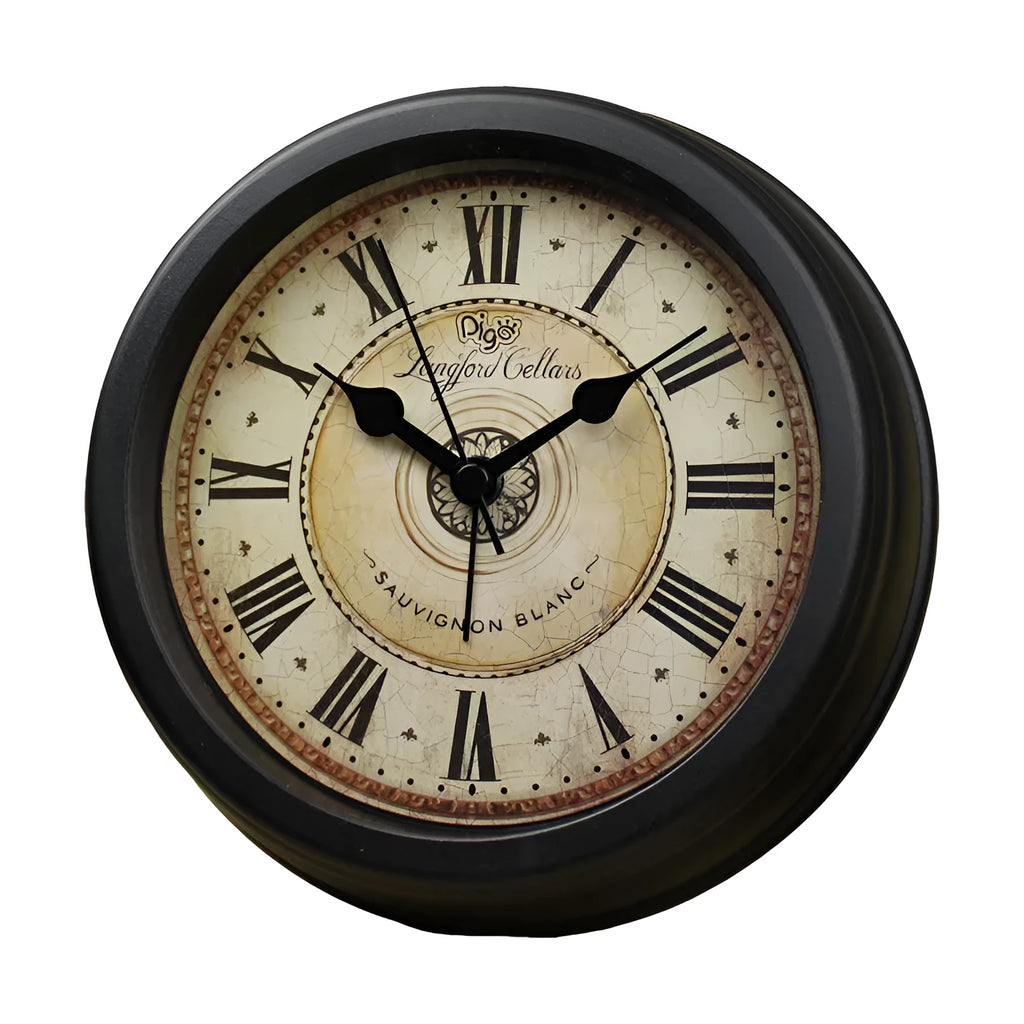 Round retro European desk clock with a 6-inch dial on a wooden surface.