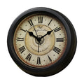 Round retro European desk clock with a 6-inch dial on a wooden surface.