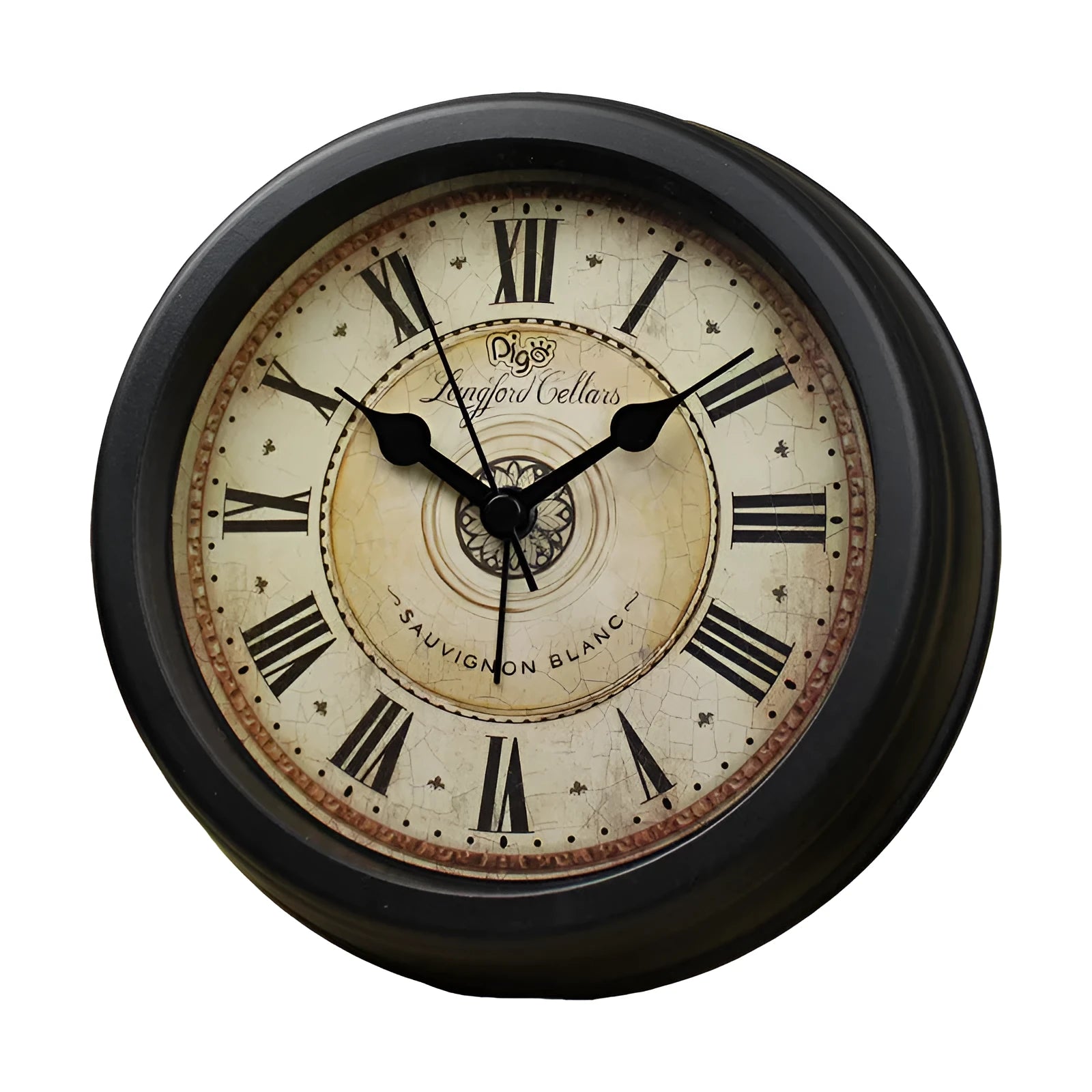 Round retro European desk clock with a 6-inch dial on a wooden surface.