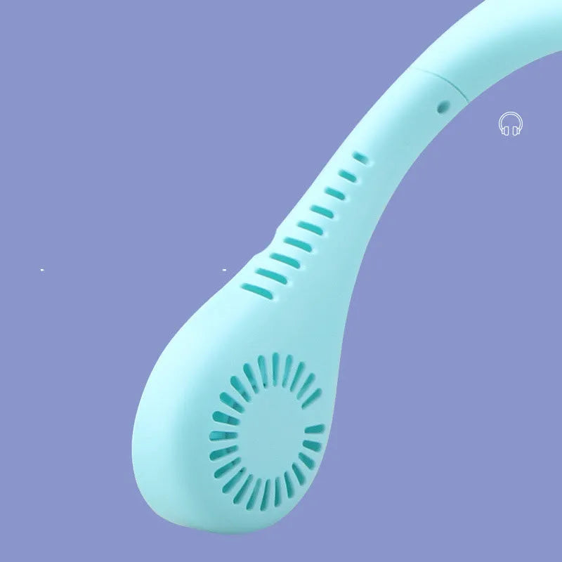 Hands-free USB rechargeable neck fan in blue with three speed settings worn around neck