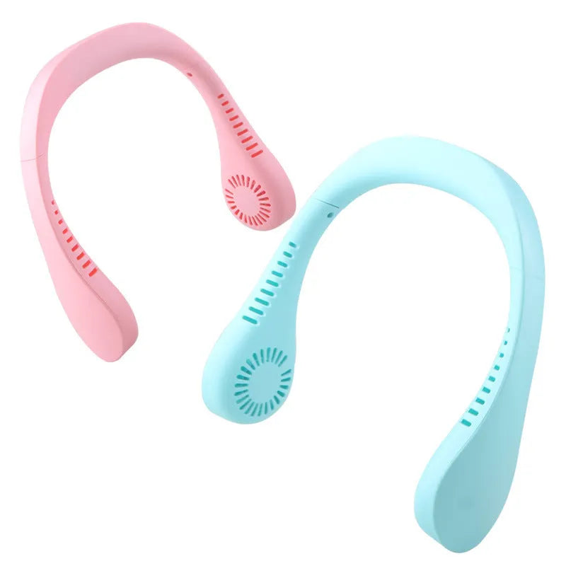Hands-free USB rechargeable neck fan in blue with three speed settings worn around neck