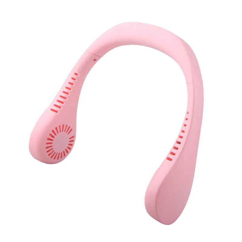 Hands-free USB rechargeable neck fan in blue with three speed settings worn around neck