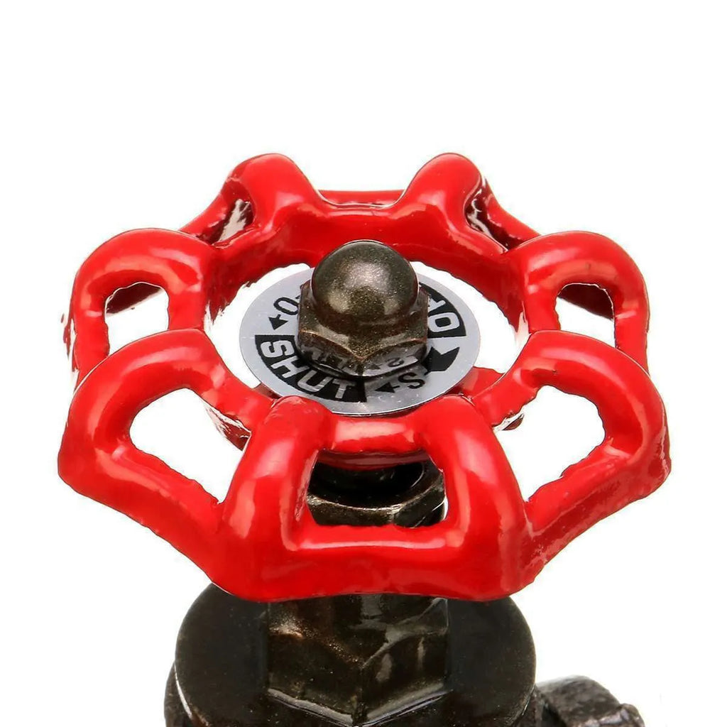 Steampunk industrial tee valve with red switch, grey body and copper accents showing 3/4 inch threaded connections