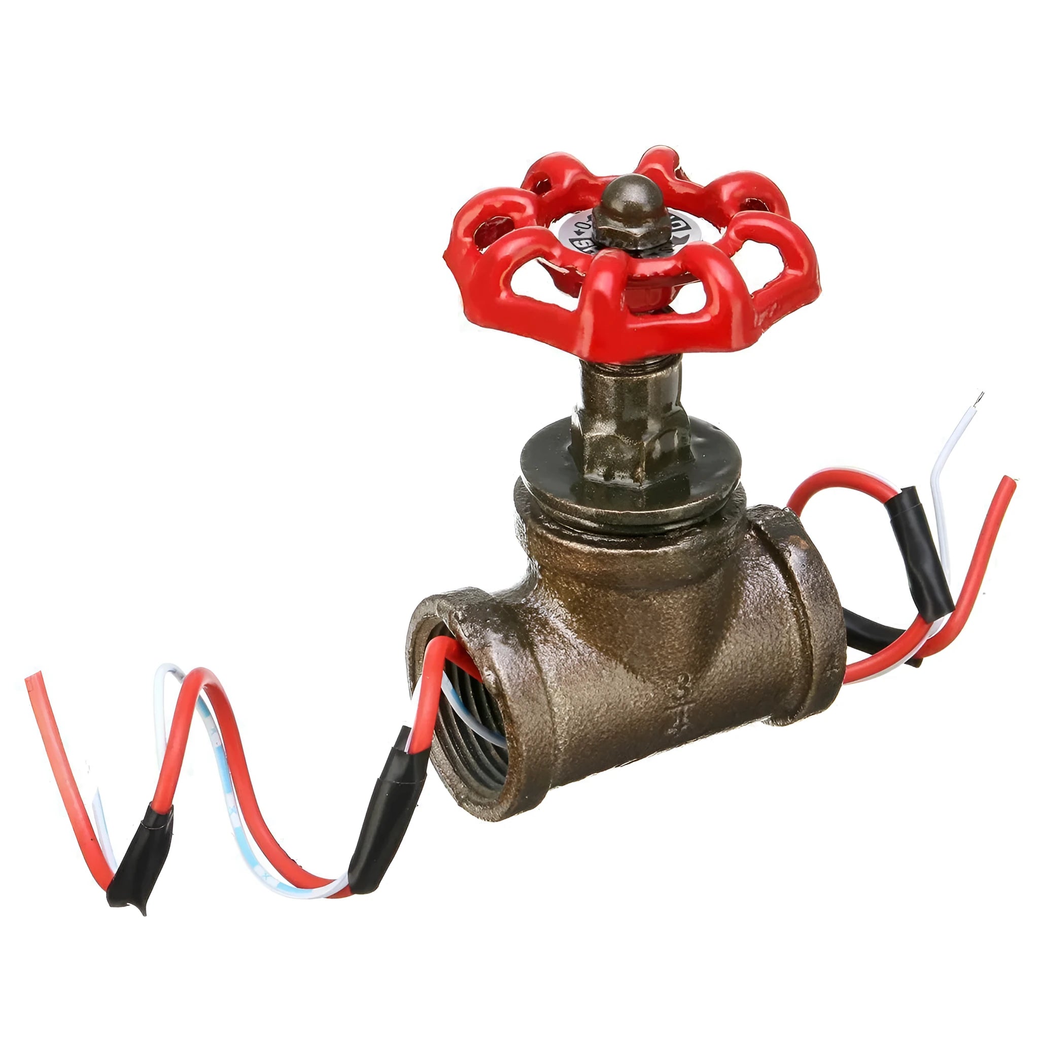 Steampunk industrial tee valve with red switch, grey body and copper accents showing 3/4 inch threaded connections
