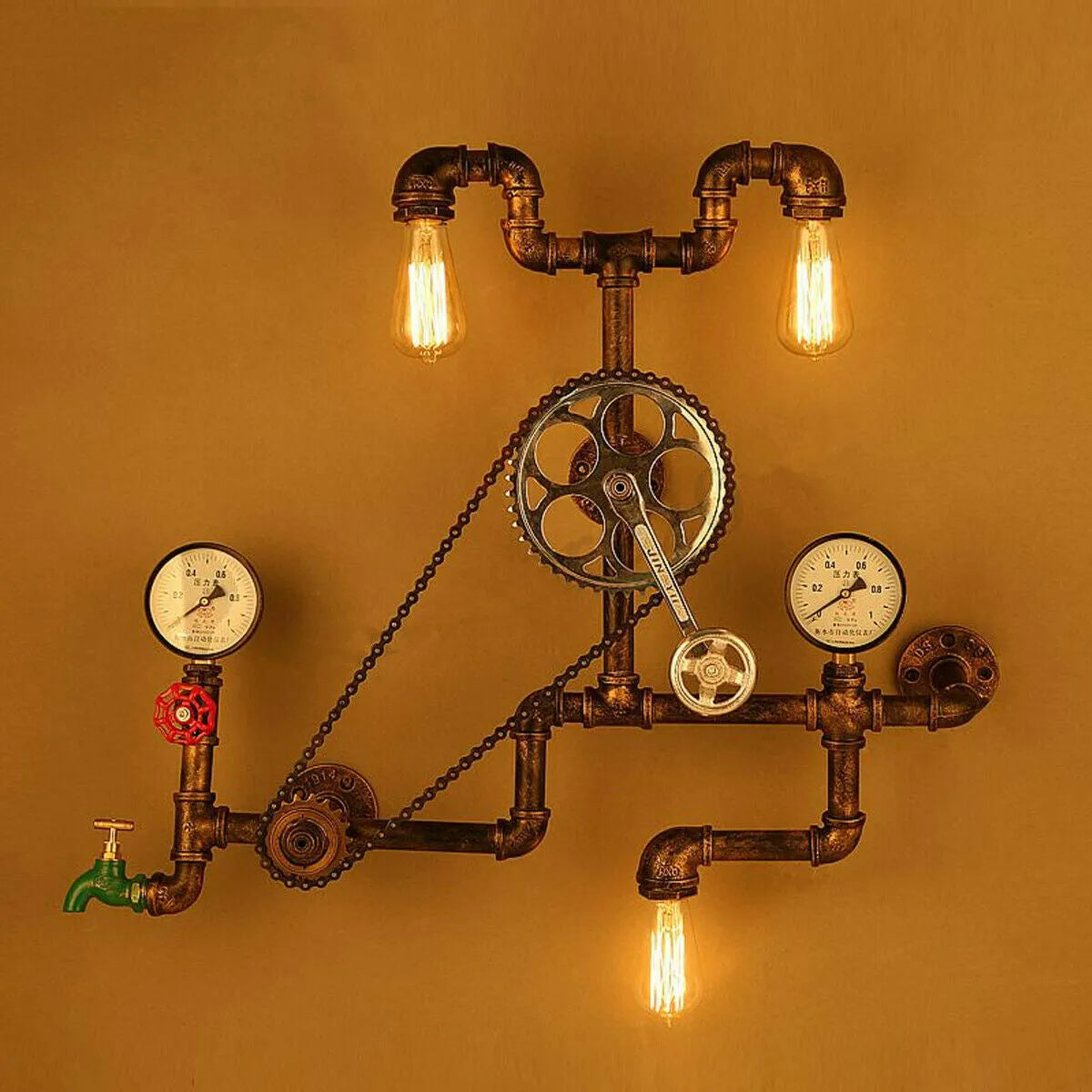 Steampunk industrial tee valve with red switch, grey body and copper accents showing 3/4 inch threaded connections