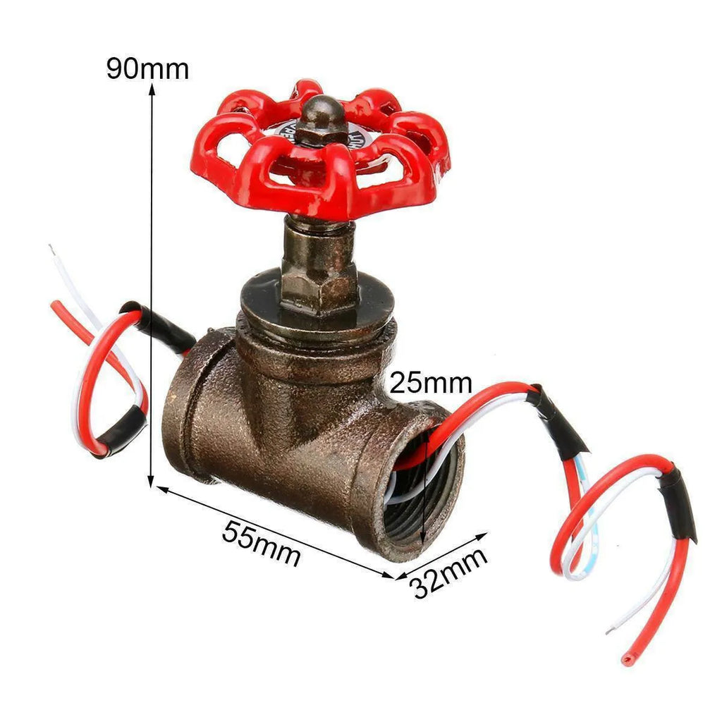 Steampunk industrial tee valve with red switch, grey body and copper accents showing 3/4 inch threaded connections